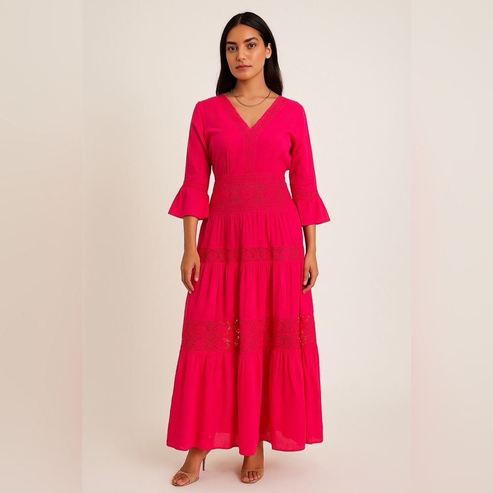 Vintage‎ 80s Nieman Marcus Hot Pink Mexican Wedding Maxi Dress Boho XL Lace Bell